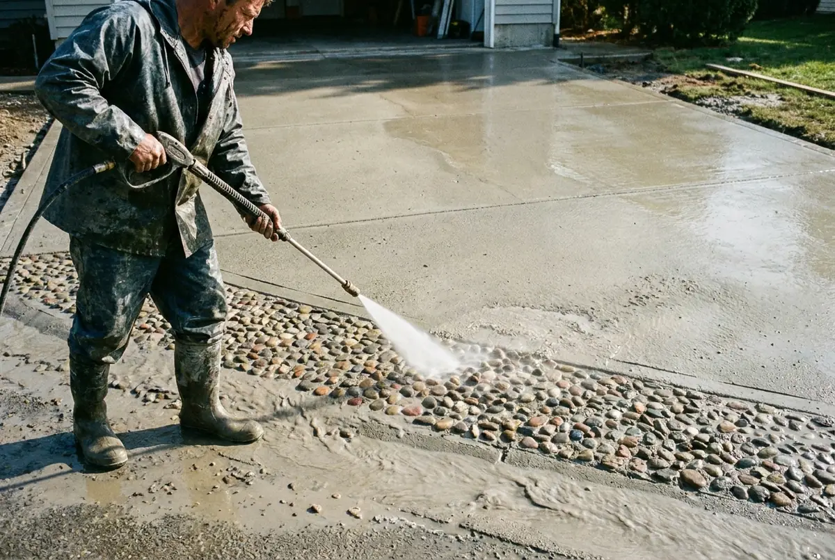 Lavage d'un béton désactivé au nettoyeur haute pression qui fait apparaître les galets