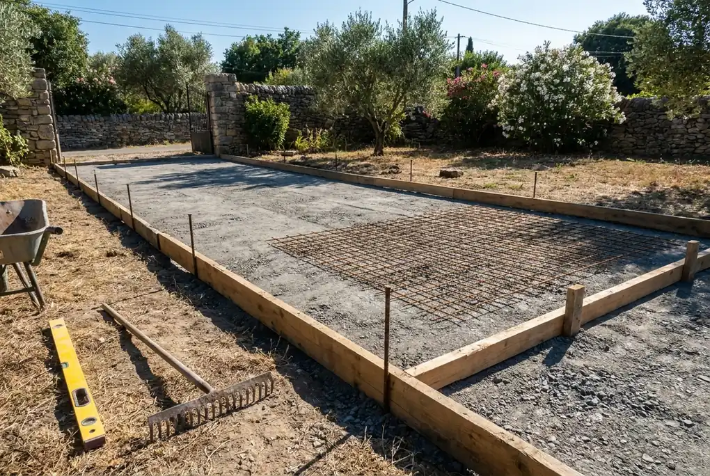 Préparation du sol avant un béton désactivé : hérisson de gravier compacté, coffrage en planches et treillis soudé