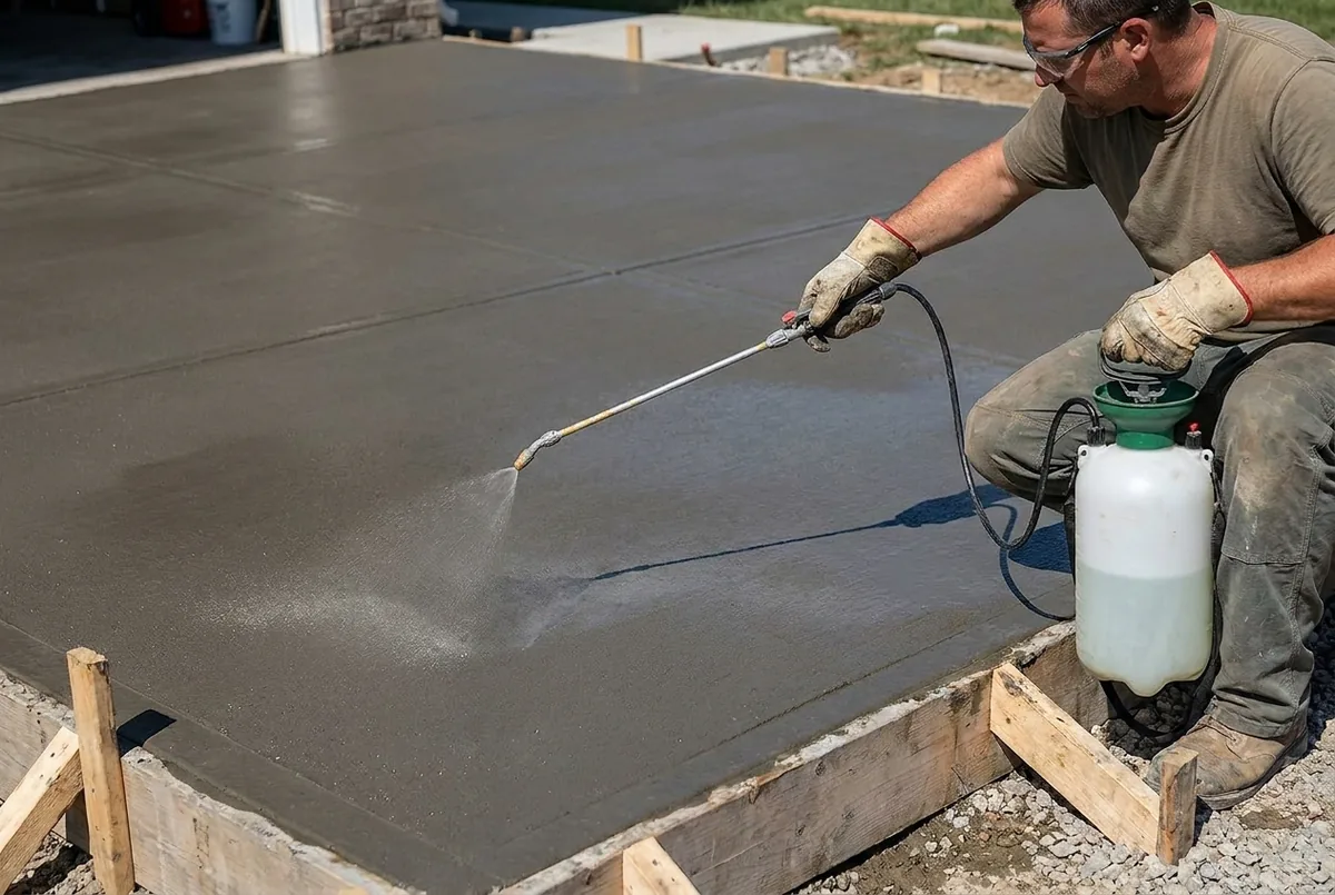 Pulvérisation du désactivant au pulvérisateur sur un béton frais devenu mat