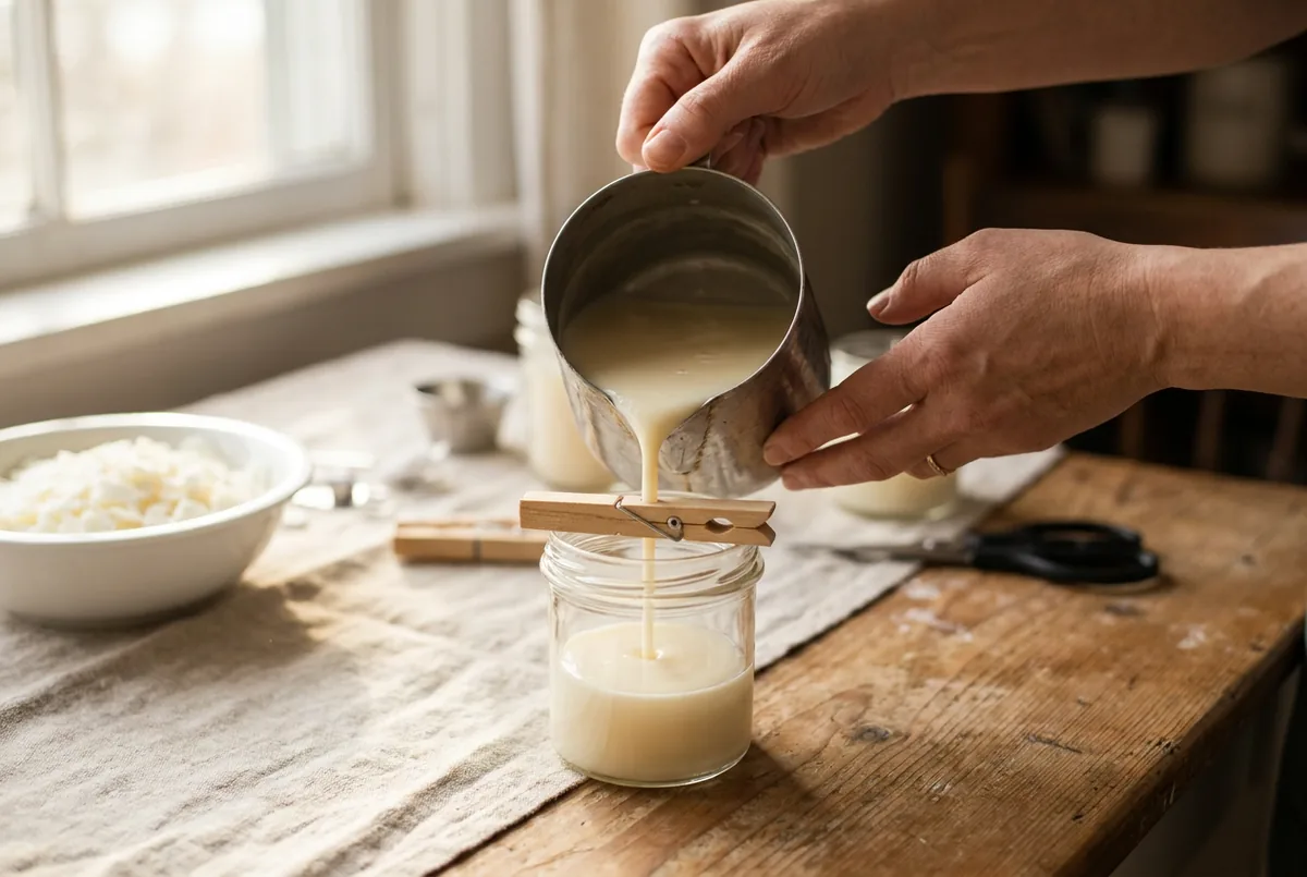Cire de bougie fondue versée dans un pot en verre, avec une pince à linge en bois posée en travers pour tenir la mèche