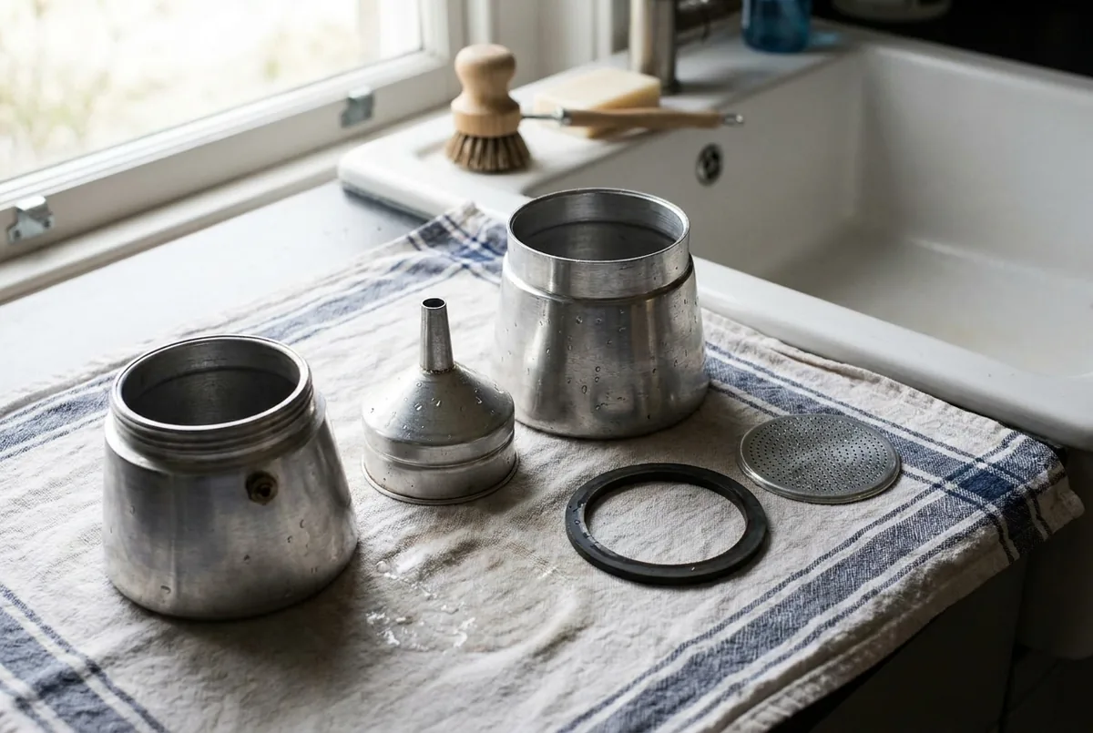 Cafetière italienne démontée pour l'entretien : réservoir, entonnoir, joint et filtre posés sur un torchon