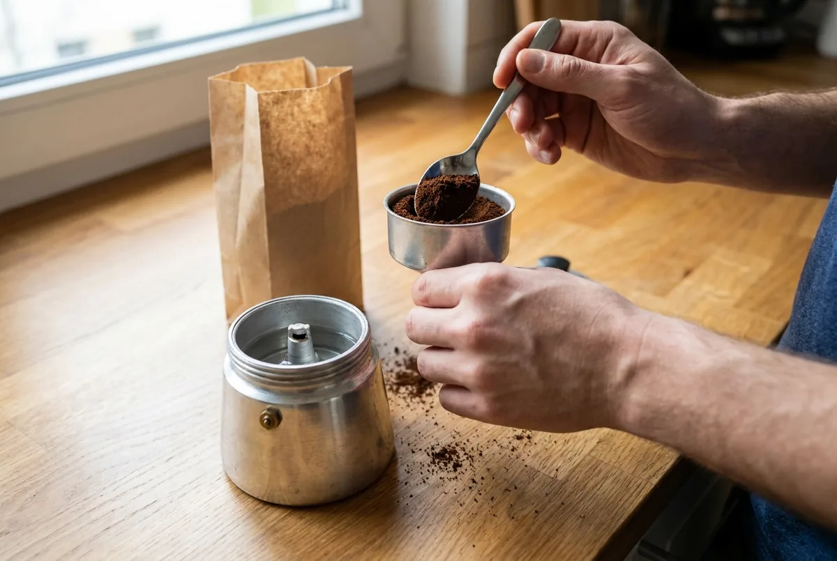 Remplissage du filtre d'une cafetière italienne avec du café moulu, sans tasser