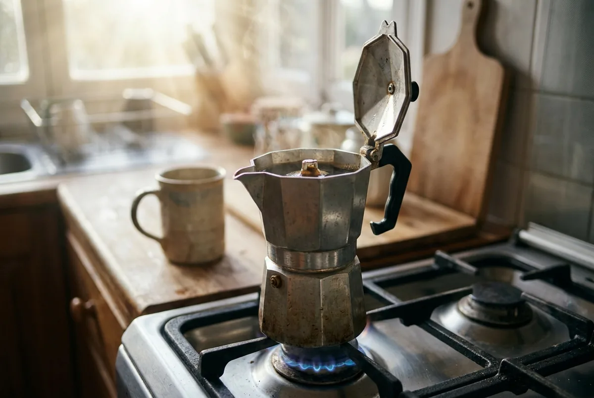 Cafetière italienne en aluminium sur un feu doux, le café monte dans le réservoir du haut