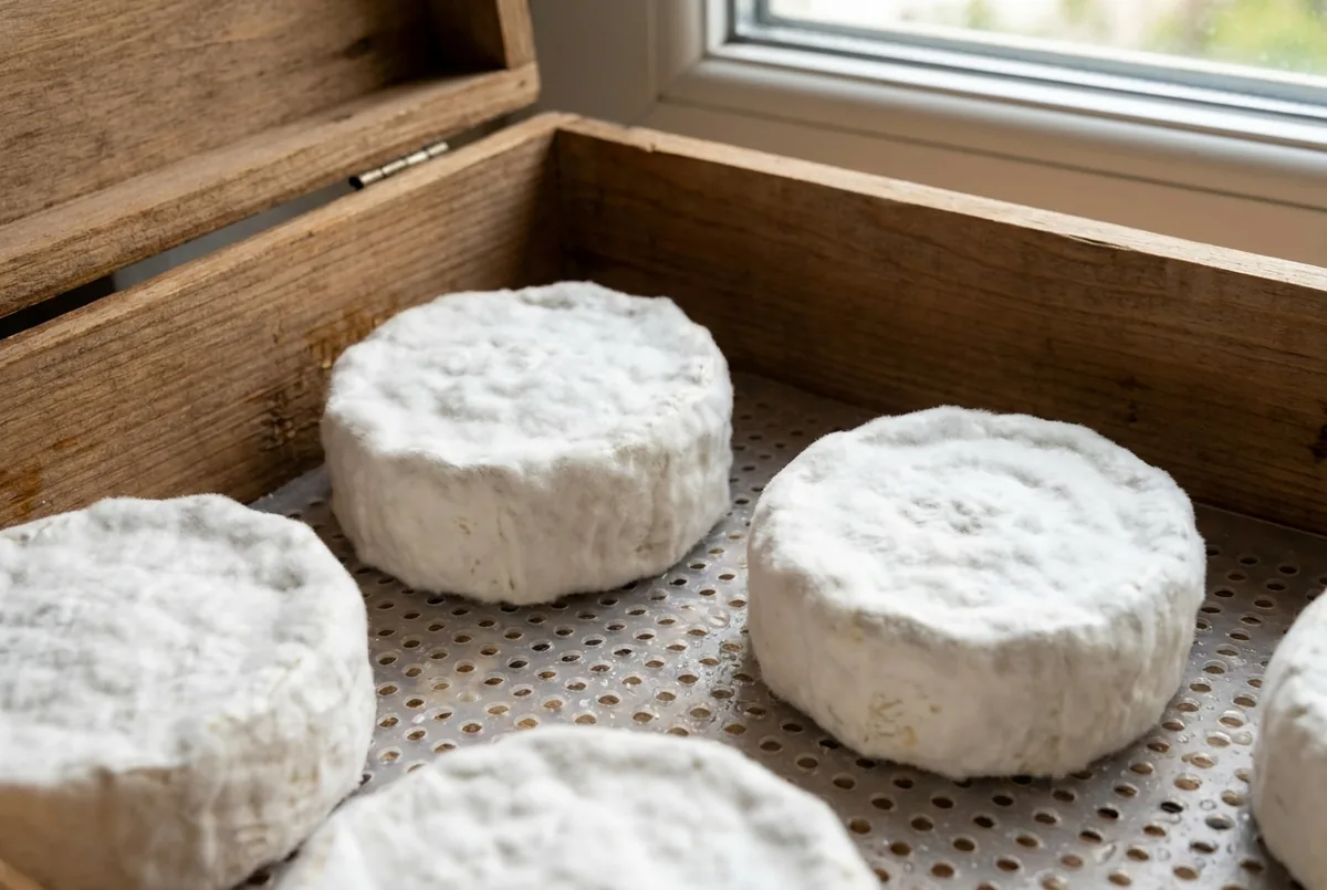 Camemberts maison couverts de leur croûte fleurie blanche dans la boîte d'affinage