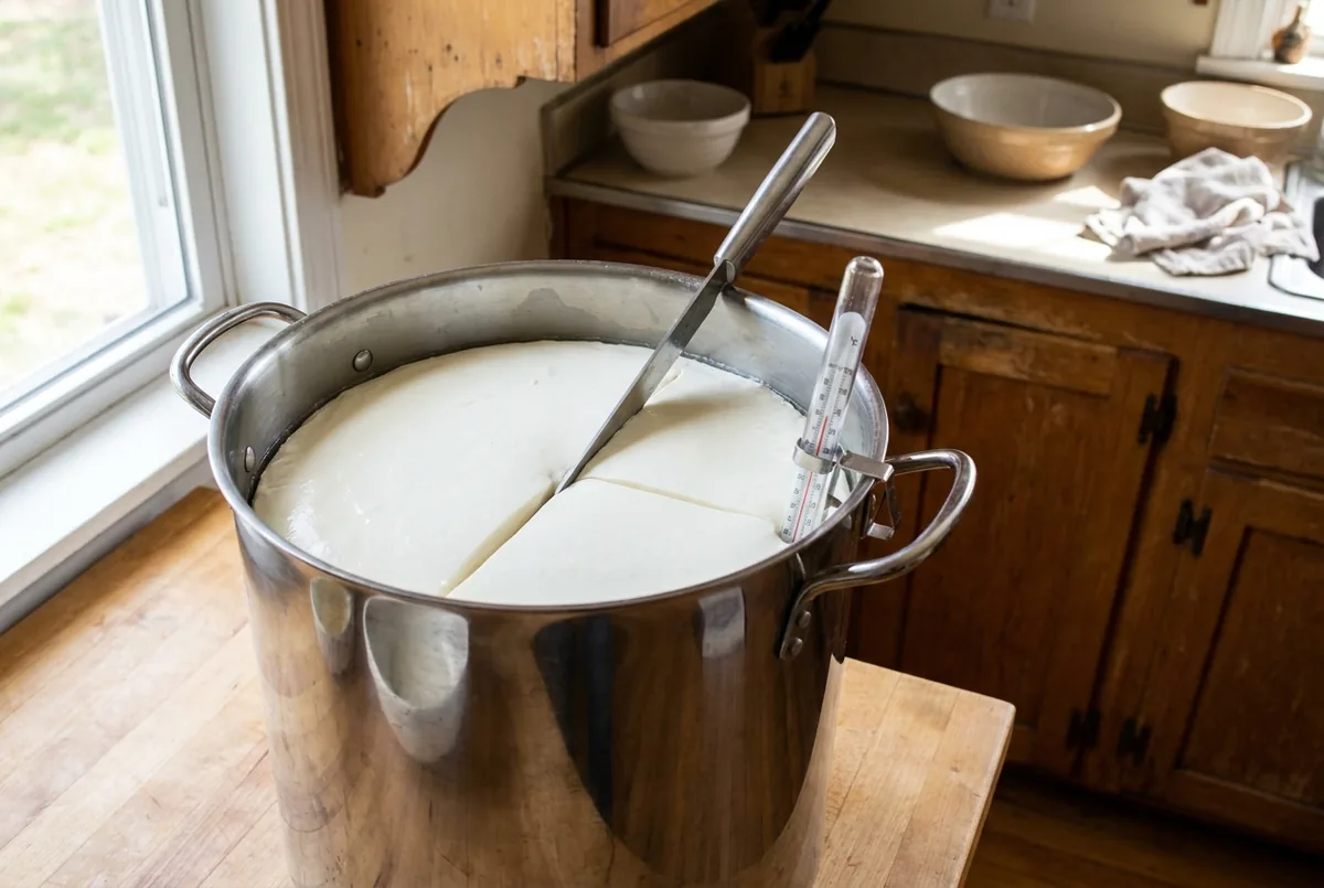 Lait caillé dans une marmite pour faire du camembert maison, coupé au couteau pour vérifier la cassure
