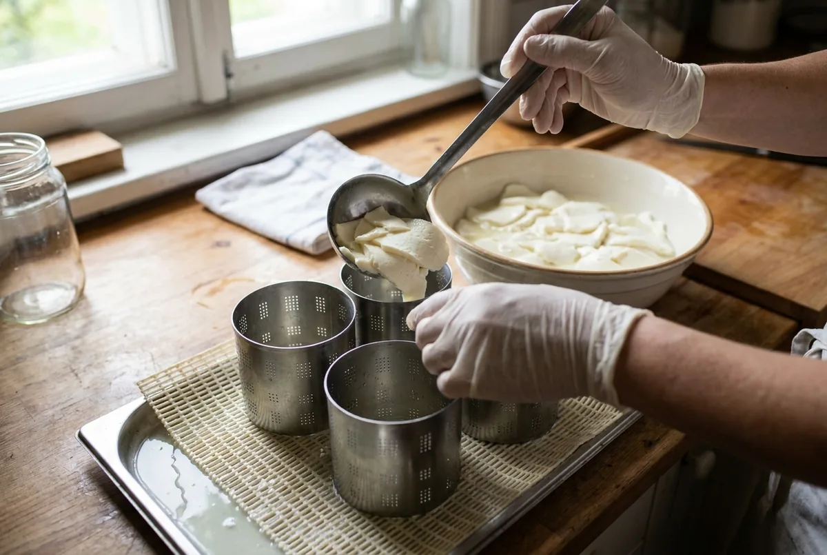 Moulage d'un camembert maison à la louche dans des moules perforés posés sur une natte d'égouttage