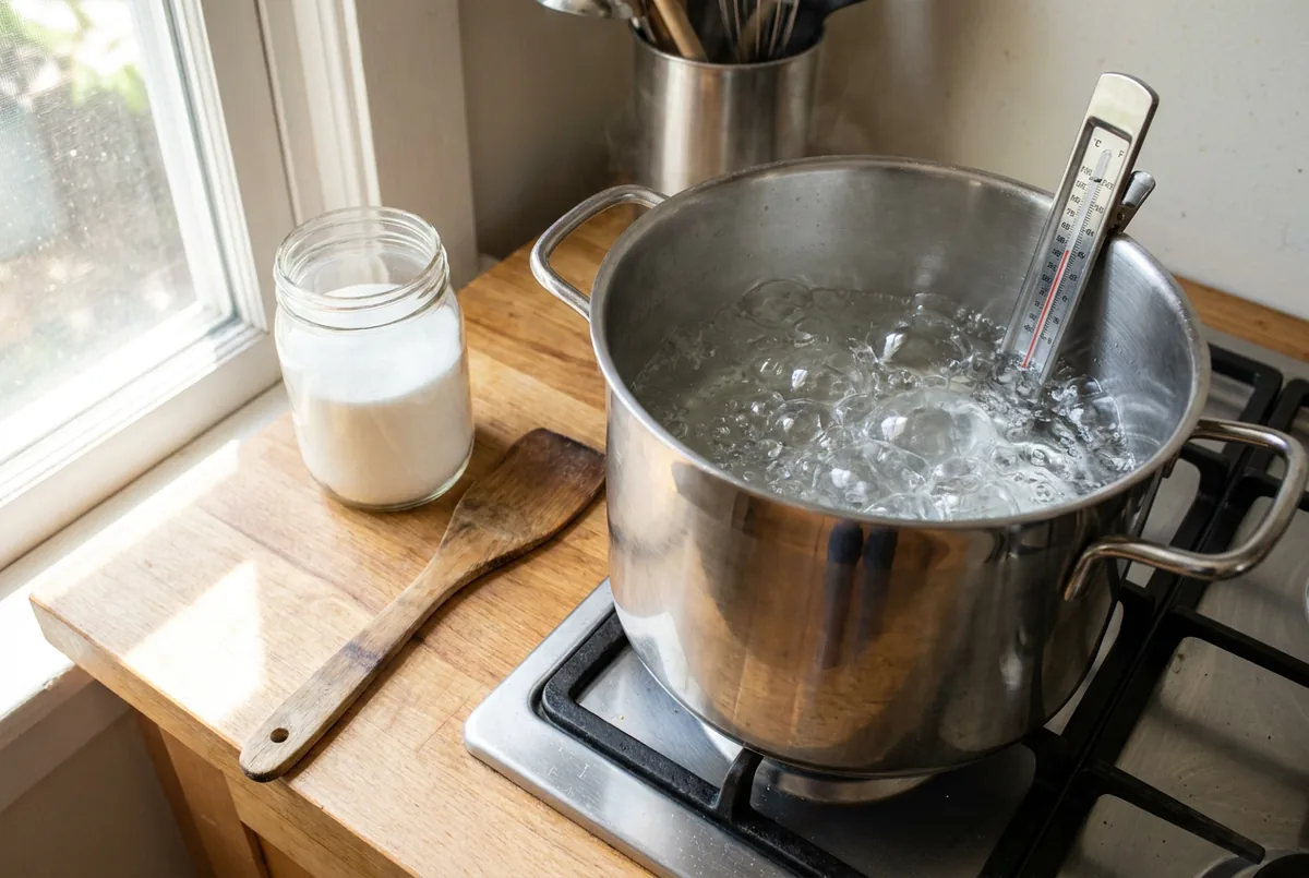 Sirop de sucre en train de cuire dans un faitout avec un thermomètre de cuisine pour faire du candi pour les abeilles