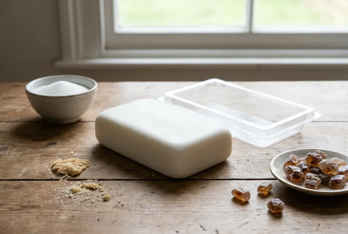 Pain de candi blanc démoulé à côté de sucre blanc cristallisé, deux produits différents du sucre candi de cuisine