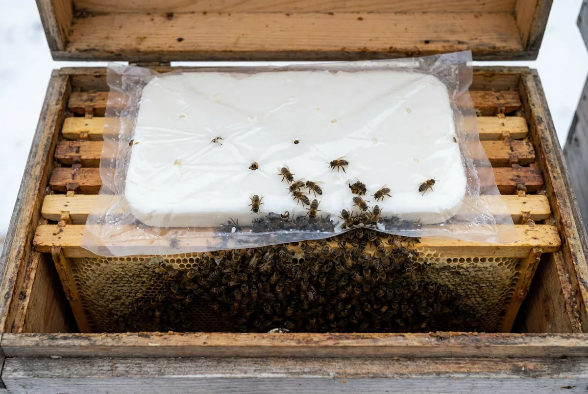 Pain de candi posé sur le dessus des cadres d'une ruche au-dessus de la grappe d'abeilles en hiver