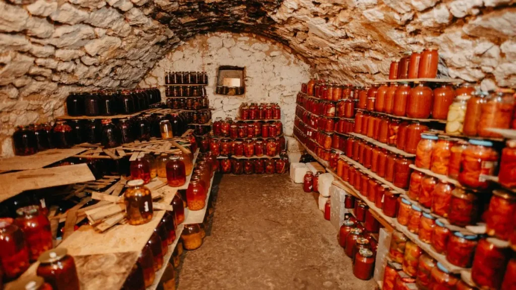 Comment faire des saucisses en bocaux : bocaux de conserves maison rangés dans une cave fraîche