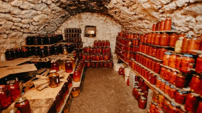 Comment faire des saucisses en bocaux : bocaux de conserves maison rangés dans une cave fraîche