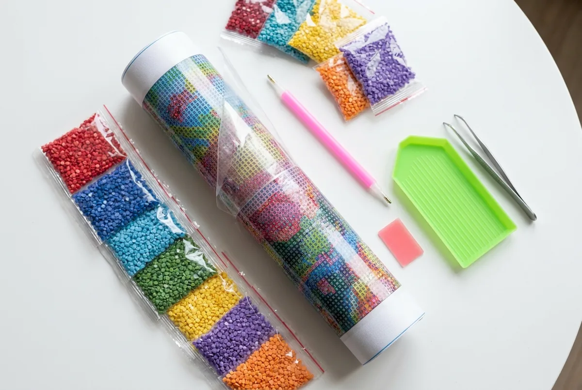 Contenu d'un kit de diamond painting : toile roulée, sachets de diamants par couleur, stylo, cire, plateau et pince