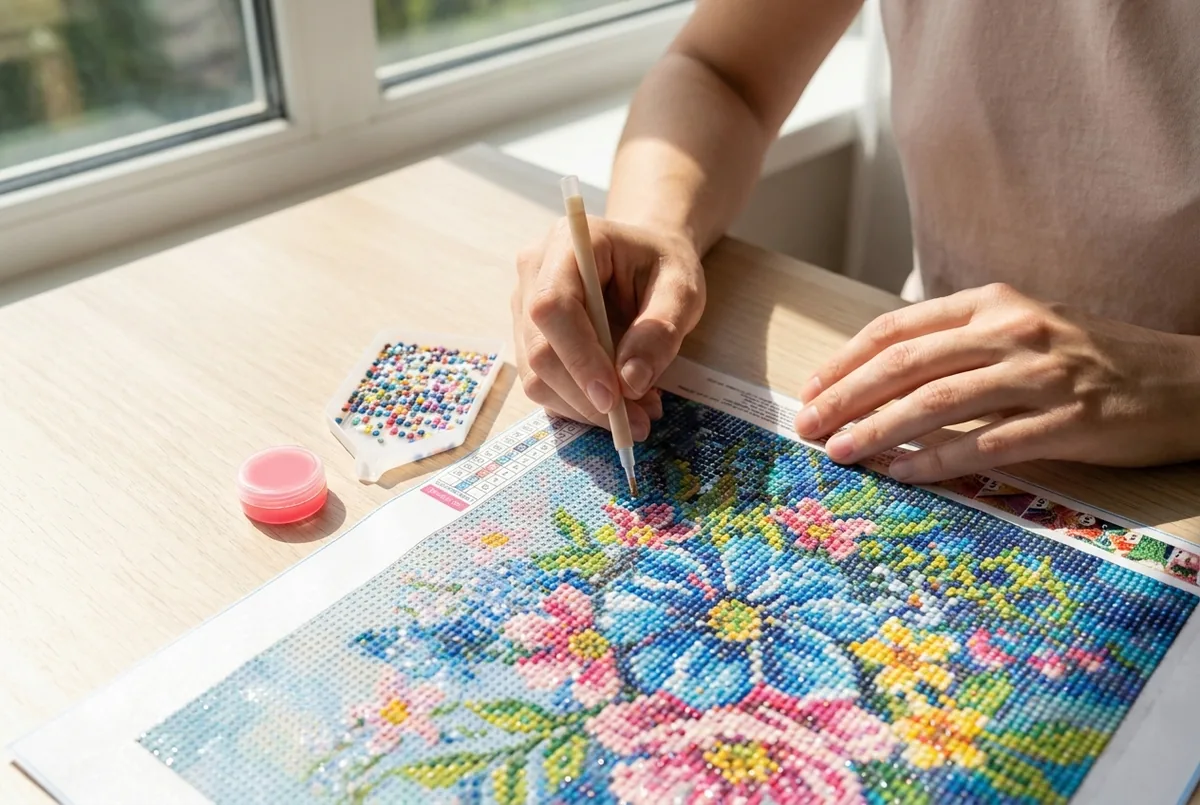 Pose des diamants au stylo applicateur sur une toile de diamond painting à motif floral