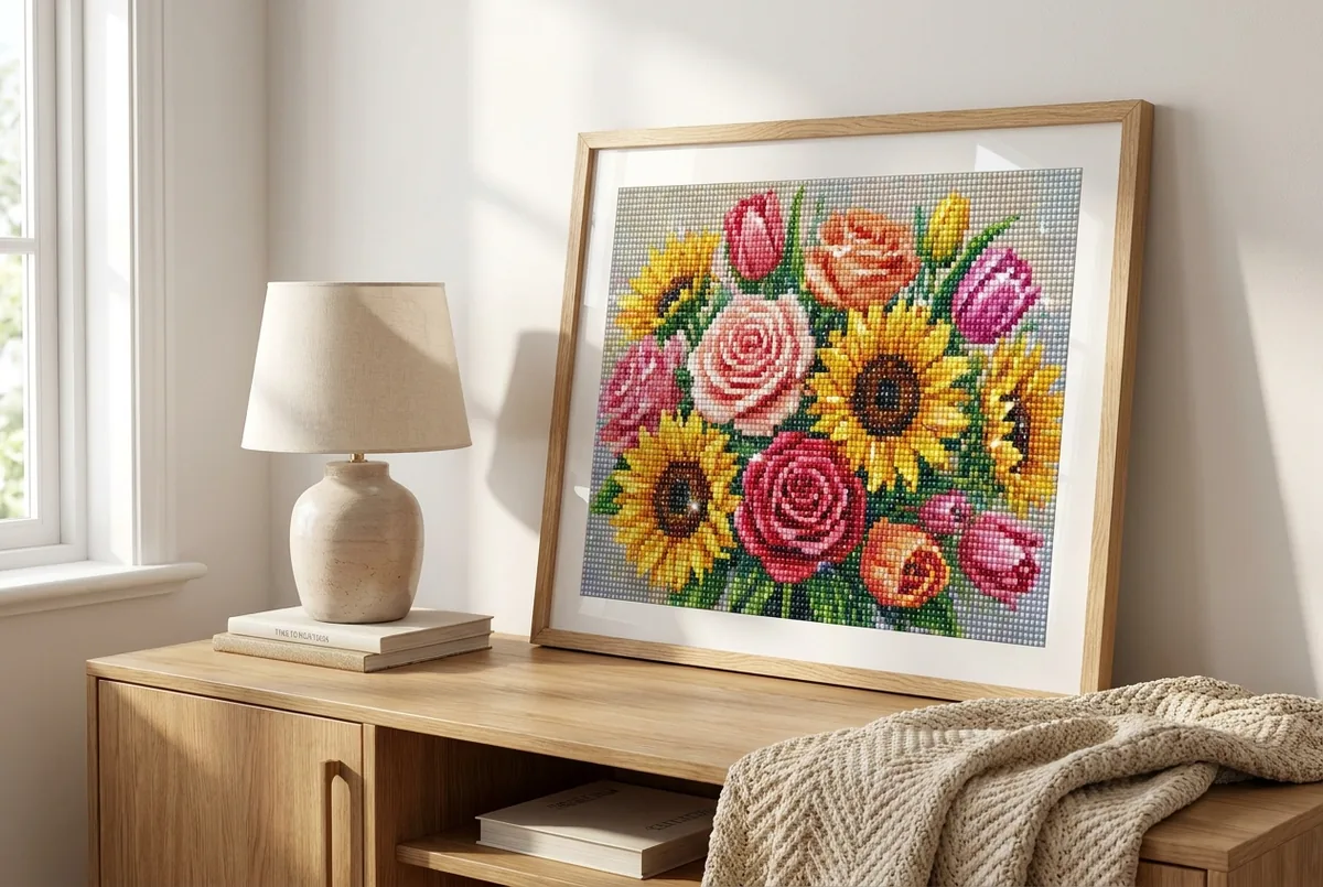 Diamond painting terminé représentant un bouquet de fleurs, encadré et posé sur un meuble