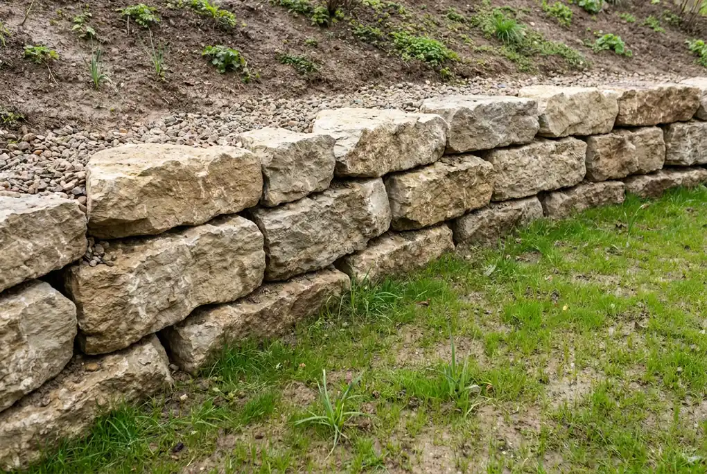 Enrochement en blocs de pierre naturelle qui retient un talus dans un jardin en pente