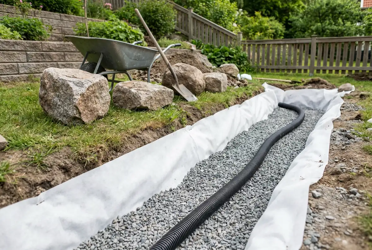 Tranchée d'ancrage tapissée de géotextile et de gravier au pied d'un talus avant la pose des blocs