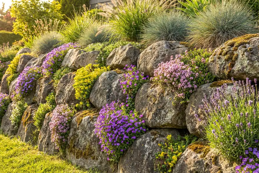 Enrochement fleuri avec des plantes vivaces et des graminées entre les blocs de pierre