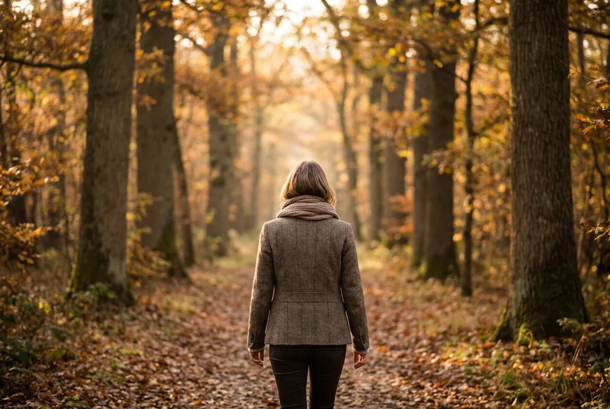 Femme qui se promène seule sur un chemin de forêt en automne pour se faire du bien