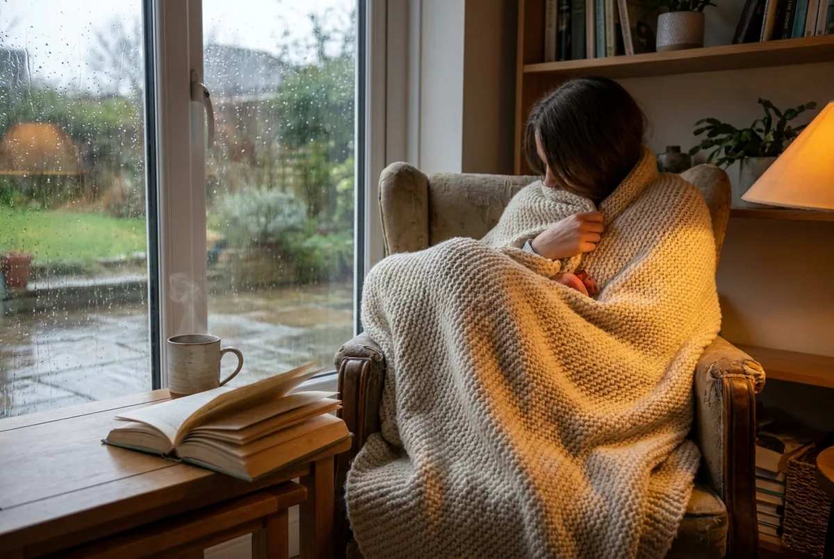 Personne enveloppée dans un plaid près d'une fenêtre un jour de pluie, avec un thé et un livre