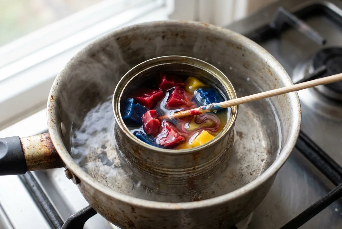 Restes de bougie en morceaux qui fondent au bain-marie dans un pot en métal posé dans une casserole d'eau chaude