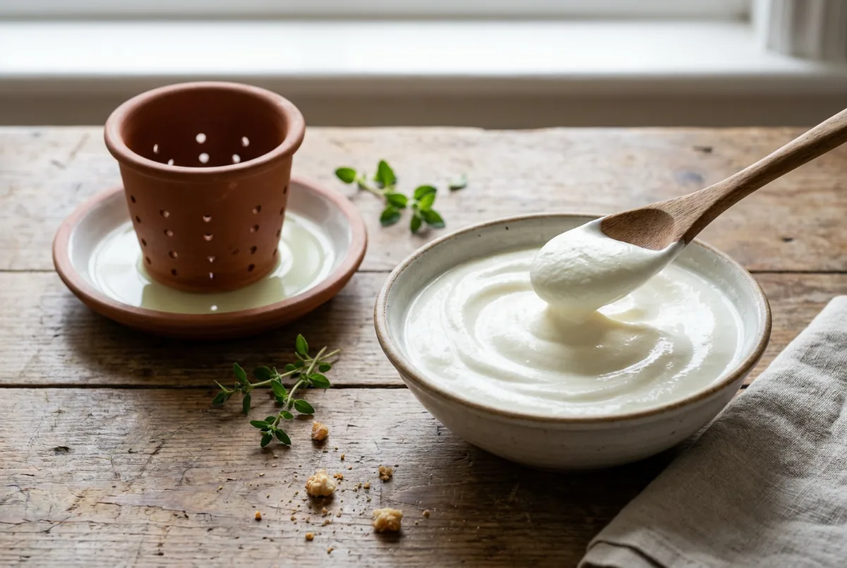 Fromage blanc maison égoutté et lissé dans un bol, à côté de sa faisselle