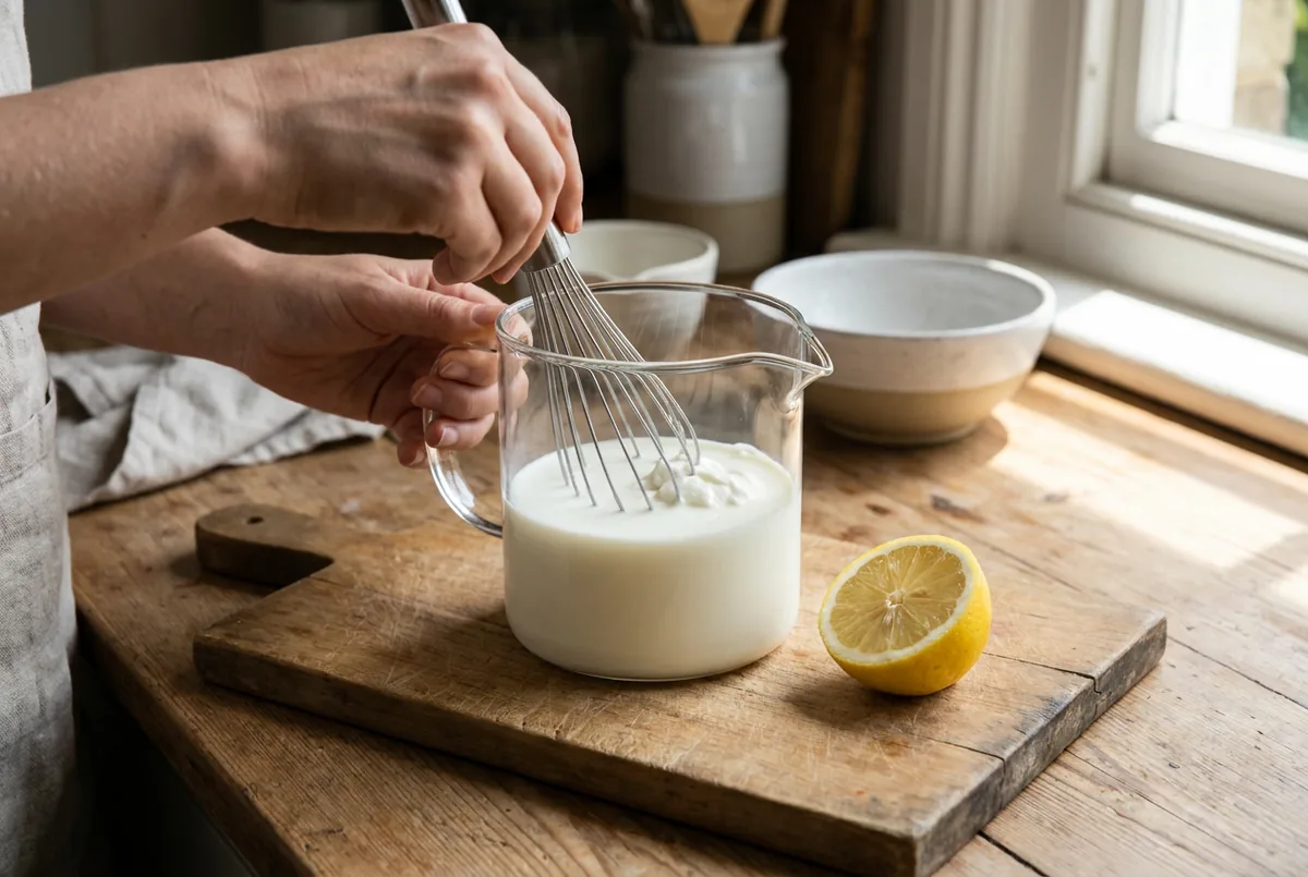 Lait et fromage blanc fouettés dans un récipient à bec verseur avant d'être versés dans la yaourtière