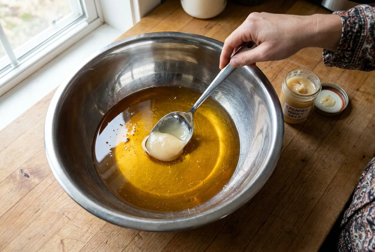 Main qui mélange une cuillerée de miel crémeux dans un saladier en inox rempli de miel liquide