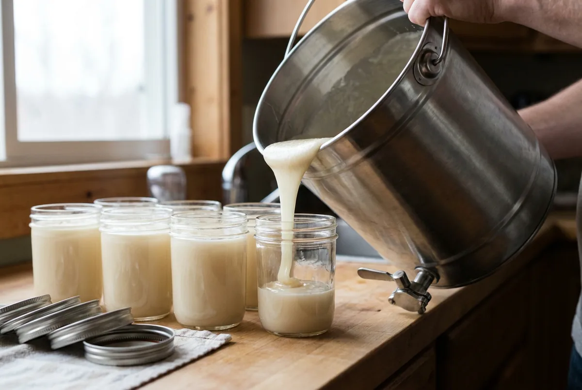 Miel crémeux versé d'un maturateur en inox dans des petits pots en verre alignés