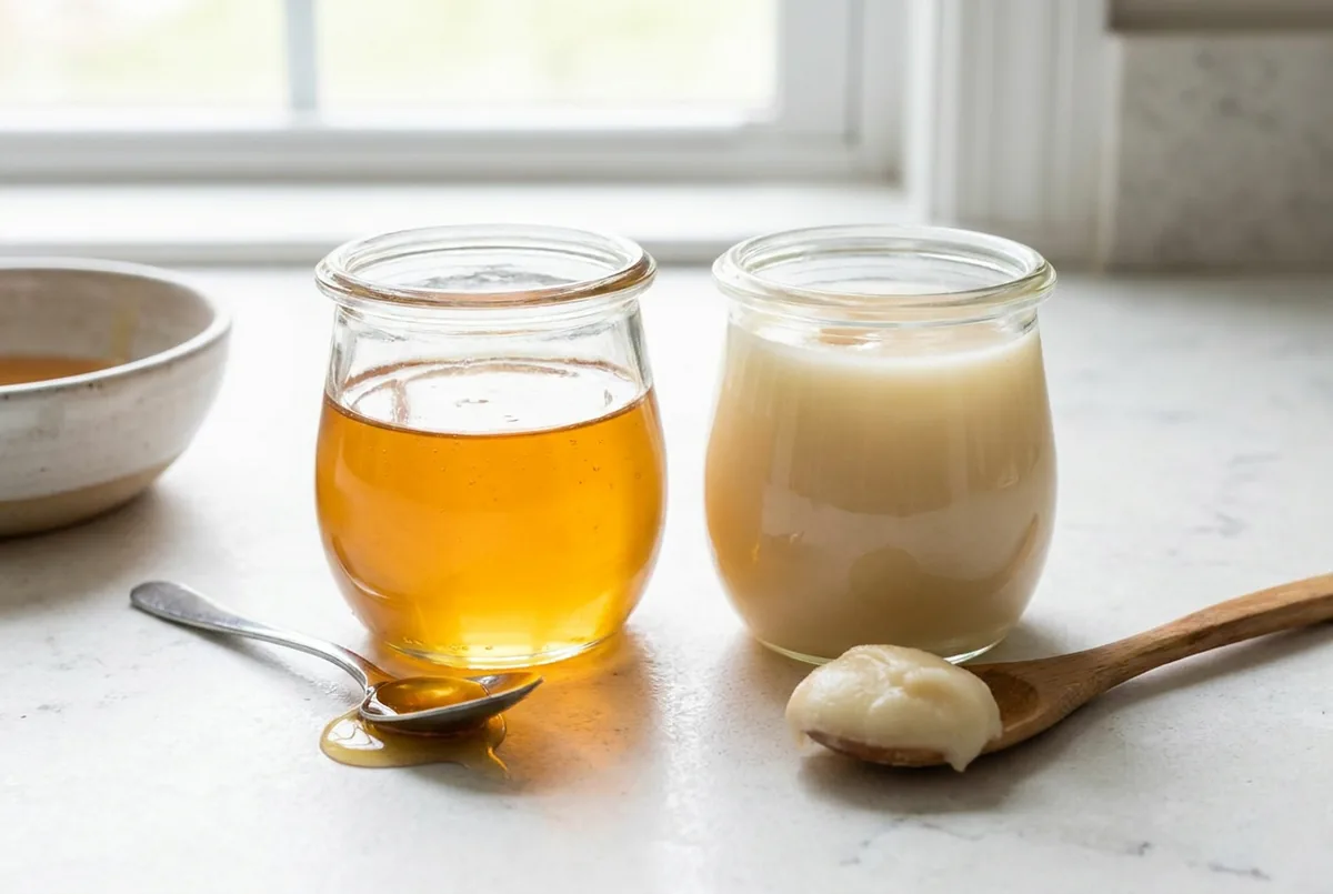 Pot de miel liquide doré à côté d'un pot de miel crémeux opaque et clair, avec une cuillère devant chacun