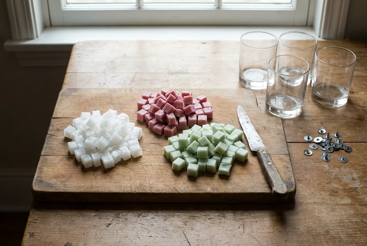 Restes de bougies triés par couleur et coupés en petits morceaux sur une planche avant la fonte
