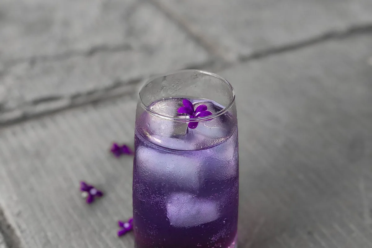 Verre de boisson au sirop de violette avec des glaçons et des fleurs de violette fraîches