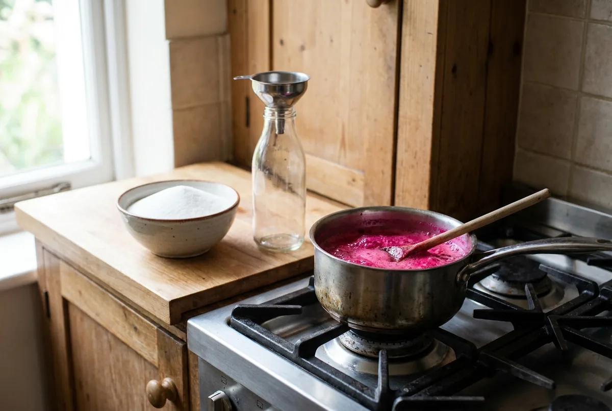 Sirop de violette rose qui frémit dans une casserole à côté du sucre et d'une bouteille en verre prête à remplir
