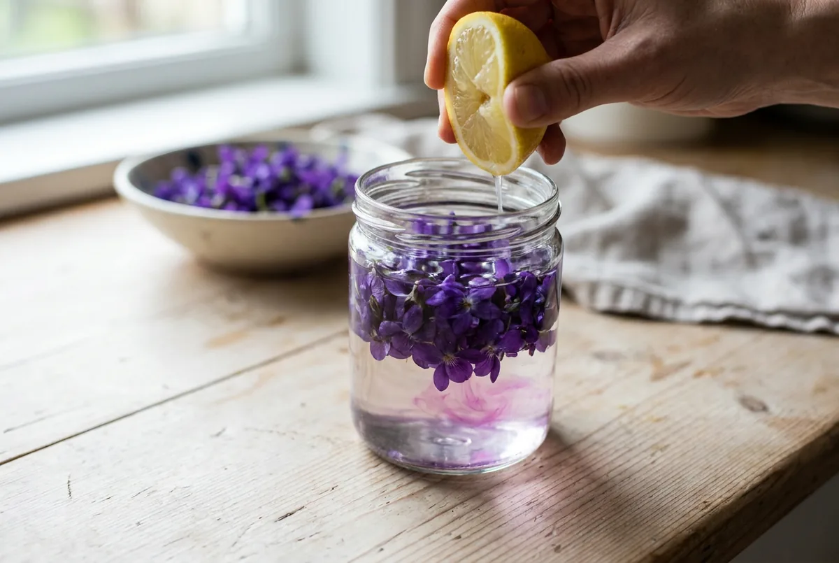 Fleurs de violette en macération dans un bocal d'eau avec du jus de citron pour préparer un sirop de violette